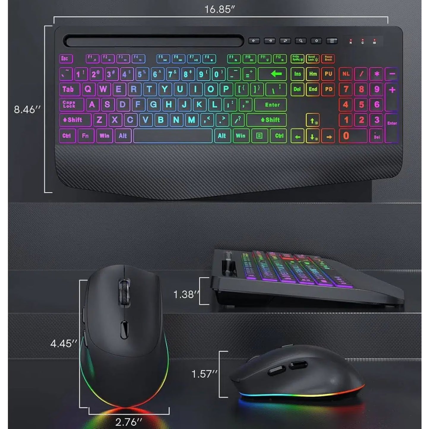 Wireless Keyboard and Mouse Combo with 9 Backlit, Wrist Rest & Phone Holder, Large Print,Deep Black