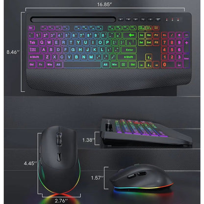 Wireless Keyboard and Mouse Combo with 9 Backlit, Wrist Rest & Phone Holder, Large Print,Deep Black
