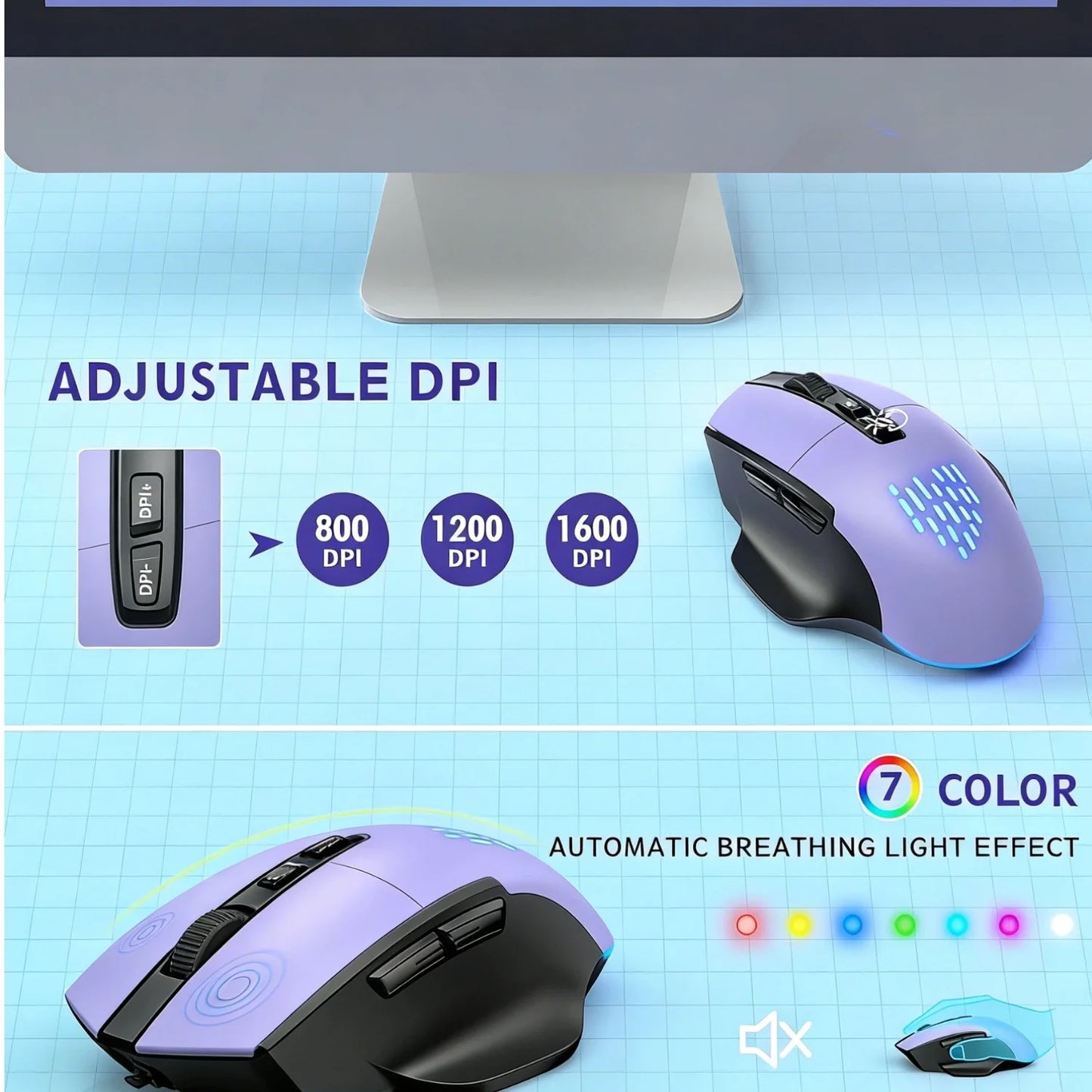 Wireless Keyboard and Mouse Backlit, Rechargeable Ergonomic Keyboard with Wrist Rest, LED Mouse, Phone Holder, Silent for Computer, Mac, PC, Laptop, Chromebook-Purple