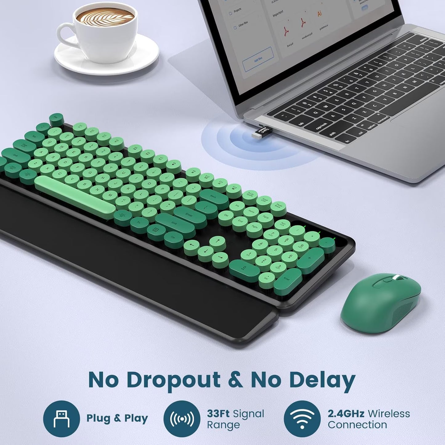 Wireless Keyboard and Mouse Combo, Retro Round Keycaps, Full Size with Detachable Wrist Rest, 2.4G for PC Mac Windows, Dark Green