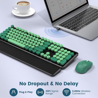 Wireless Keyboard and Mouse Combo, Retro Round Keycaps, Full Size with Detachable Wrist Rest, 2.4G for PC Mac Windows, Dark Green