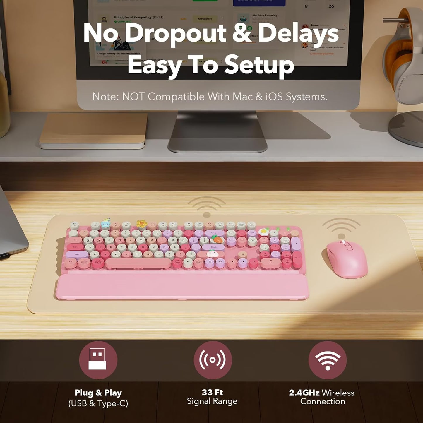Wireless Keyboard and Mouse Combo Latte, Retro Round Keycaps, Full Size with Detachable Wrist Rest, 2.4G for PC Mac Windows