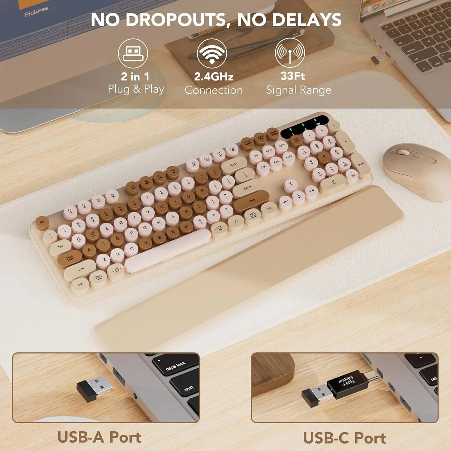 Wireless Keyboard and Mouse Combo Latte, Retro Round Keycaps, Full Size with Detachable Wrist Rest, 2.4G for PC Mac Windows