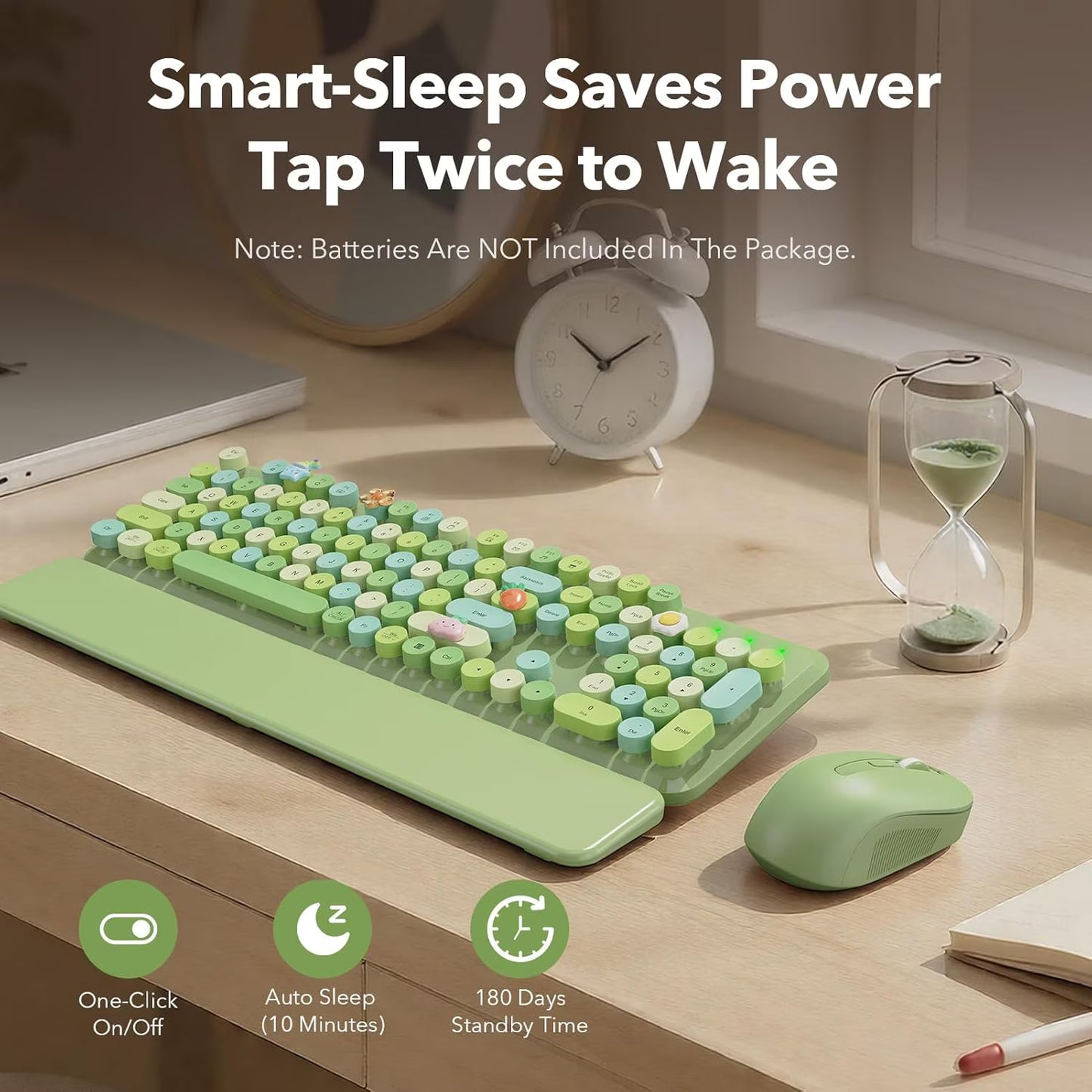 Wireless Keyboard and Mouse Combo Latte, Retro Round Keycaps, Full Size with Detachable Wrist Rest, 2.4G for PC Mac Windows