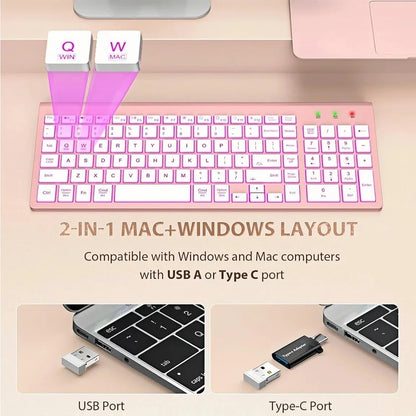 Wireless Keyboard and Mouse Combo - Quiet Backlit Keyboard with RGB Mouse, Rechargeable, Slim, Sleep Mode for Windows, Mac, Laptop - Rose Gold-Wagpak