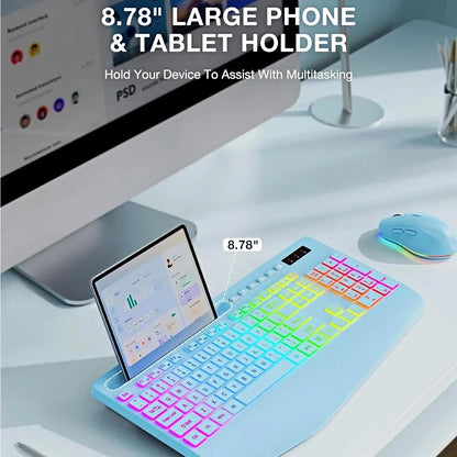 Wireless Keyboard and Mouse Combo with 9 Backlit, Wrist Rest & Phone Holder, Sky Blue