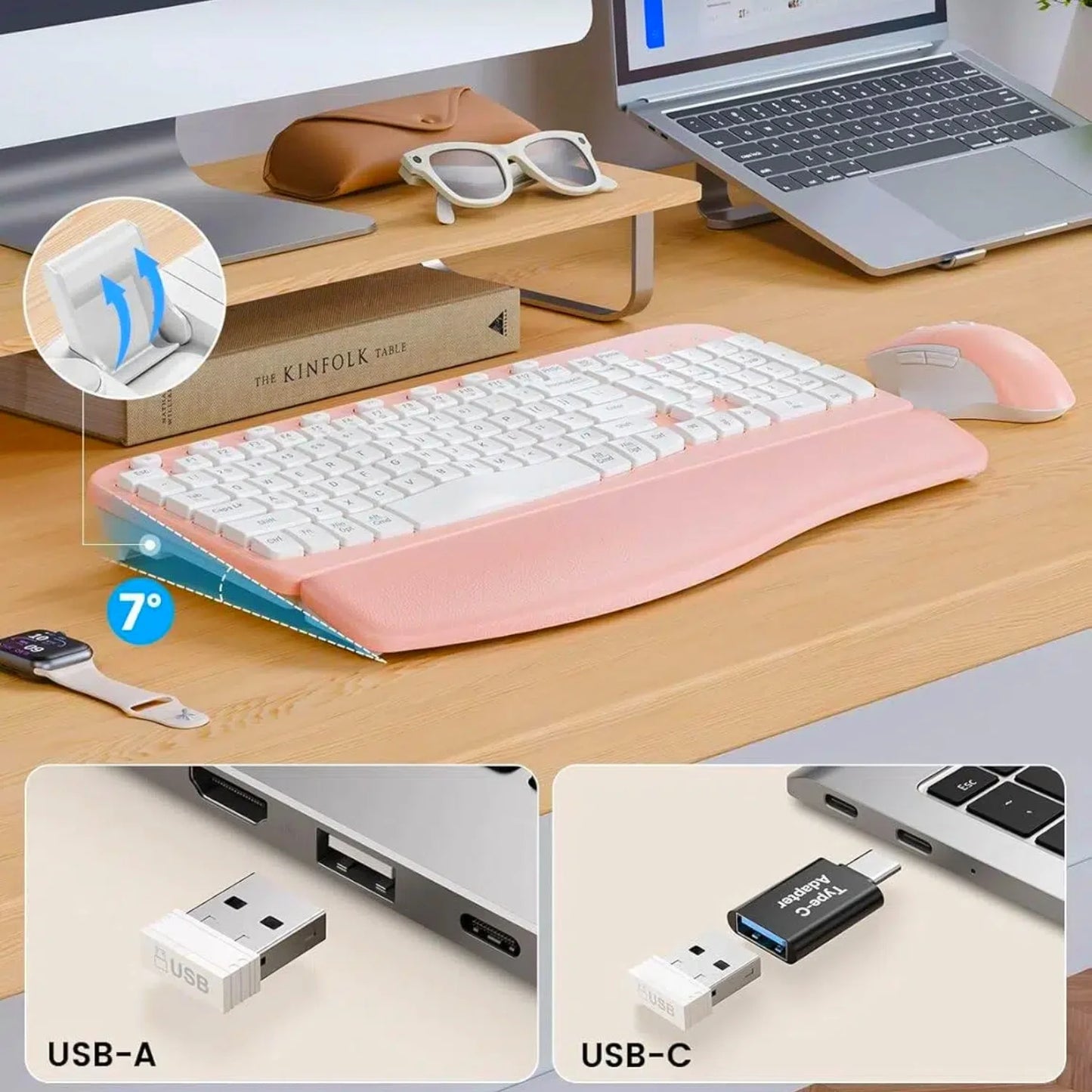 Ergonomic Wireless Keyboard and Mouse Combo, Leather Cushioned Palm Rest, Wave Keys, Silent Typing, 2.4G Lag-Free-Wagpak-Pink
