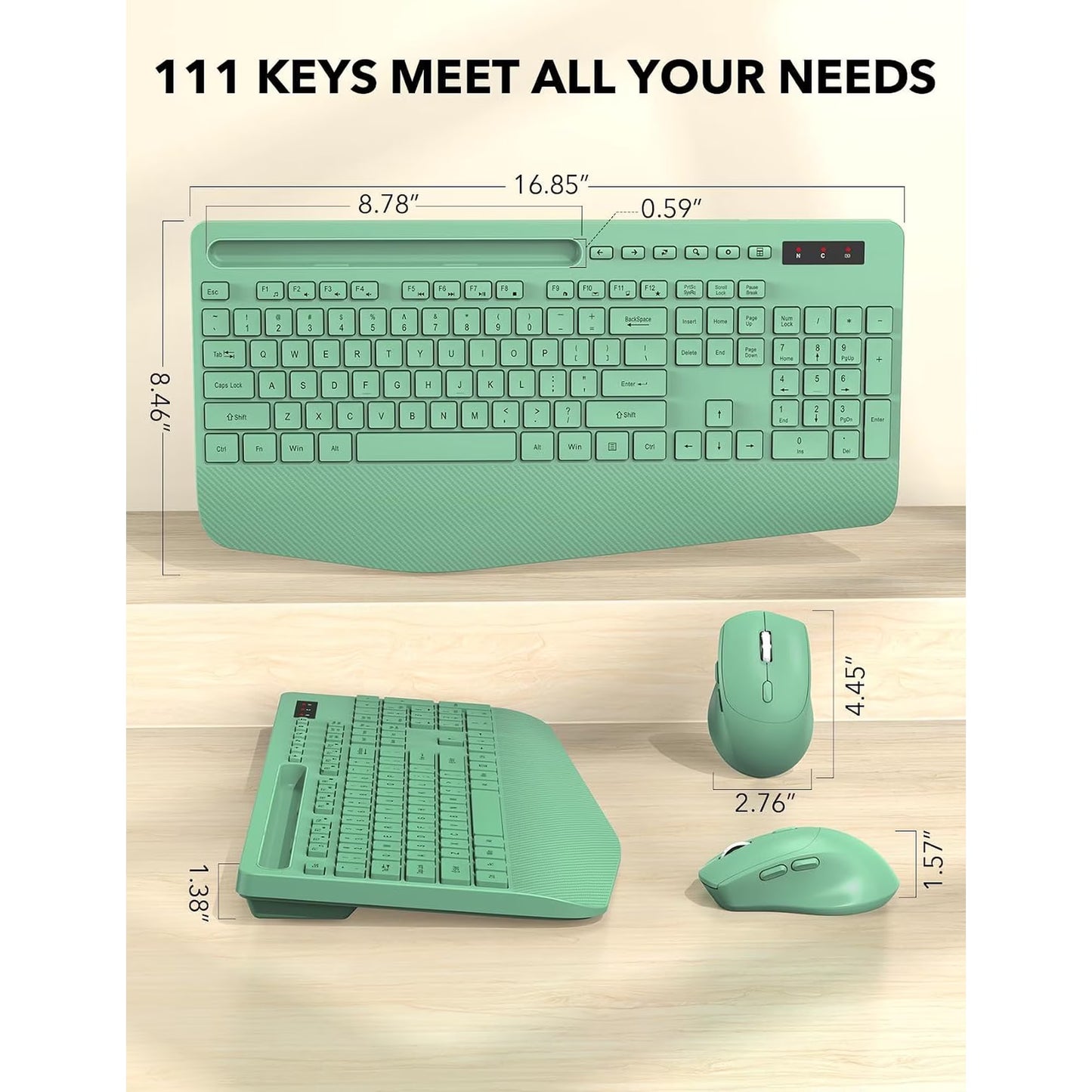 Wireless Keyboard and Mouse Combo, Full-Size Ergonomic Set with Wrist Rest & Phone Holder, 2.4G Wireless Plug & Play for PC, Laptop, Home & Office Use Sage Green