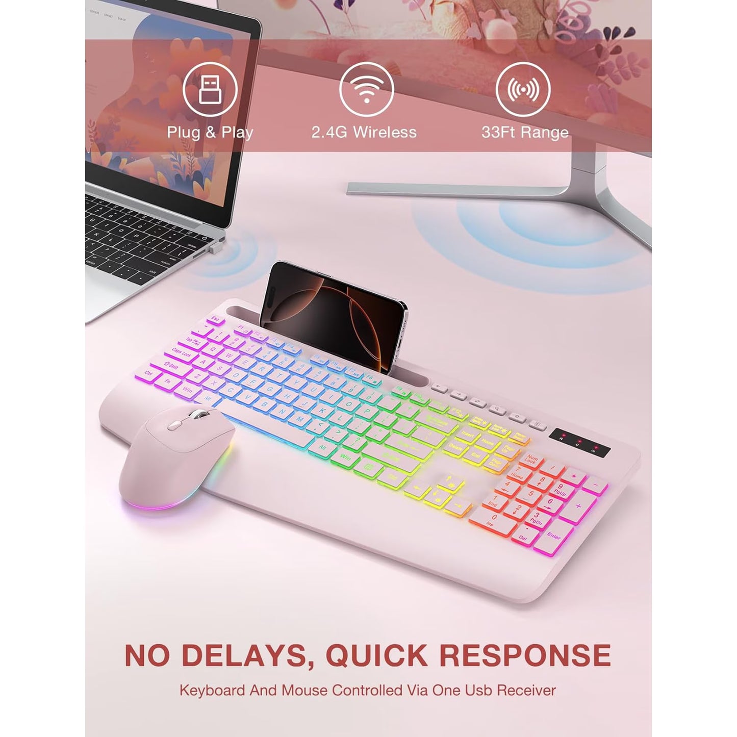 Wireless Keyboard and Mouse Combo with 9 Backlit, Wrist Rest & Phone Holder,Pink, New