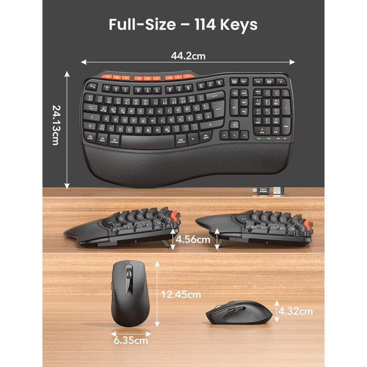 Ergonomic Wireless Keyboard and Mouse Combo, 2.4G Full Size Wave Keyboard with Cushioned Palm Rest, 3 DPI Adjustable Mouse, USB-A & C Compatible with Computer, Laptop, Mac & Tablet