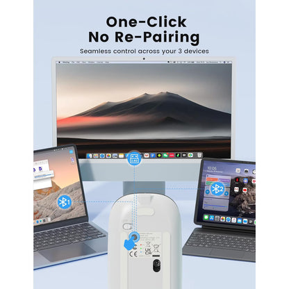 Bluetooth Wireless Mouse for MacBook, iPad, Laptop, Tri-Mode Rechargeable Silent Slim Computer Mouse for 3 Devices with USB & USB-C，White