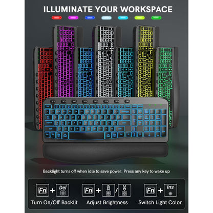 Wireless Keyboard and Mouse Combo - Ergonomic Wave Rechargeable Keyboard with Soft Leather Wrist Rest, RGB Backlit -Black