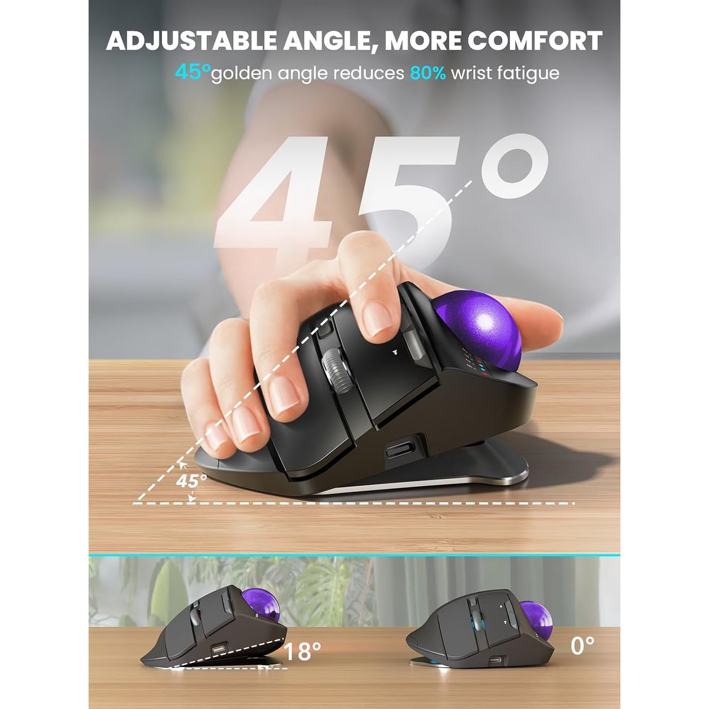 Ergonomic Wireless Trackball Mouse, Adjustable Angle, Thumb Control, Quiet Click, Rechargeable, Multi-Device Bluetooth & USB, for Windows Mac-Purple Ball