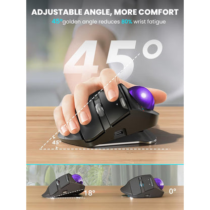 Ergonomic Wireless Trackball Mouse, Adjustable Angle, Thumb Control, Quiet Click, Rechargeable, Multi-Device Bluetooth & USB, for Windows Mac-Purple Ball