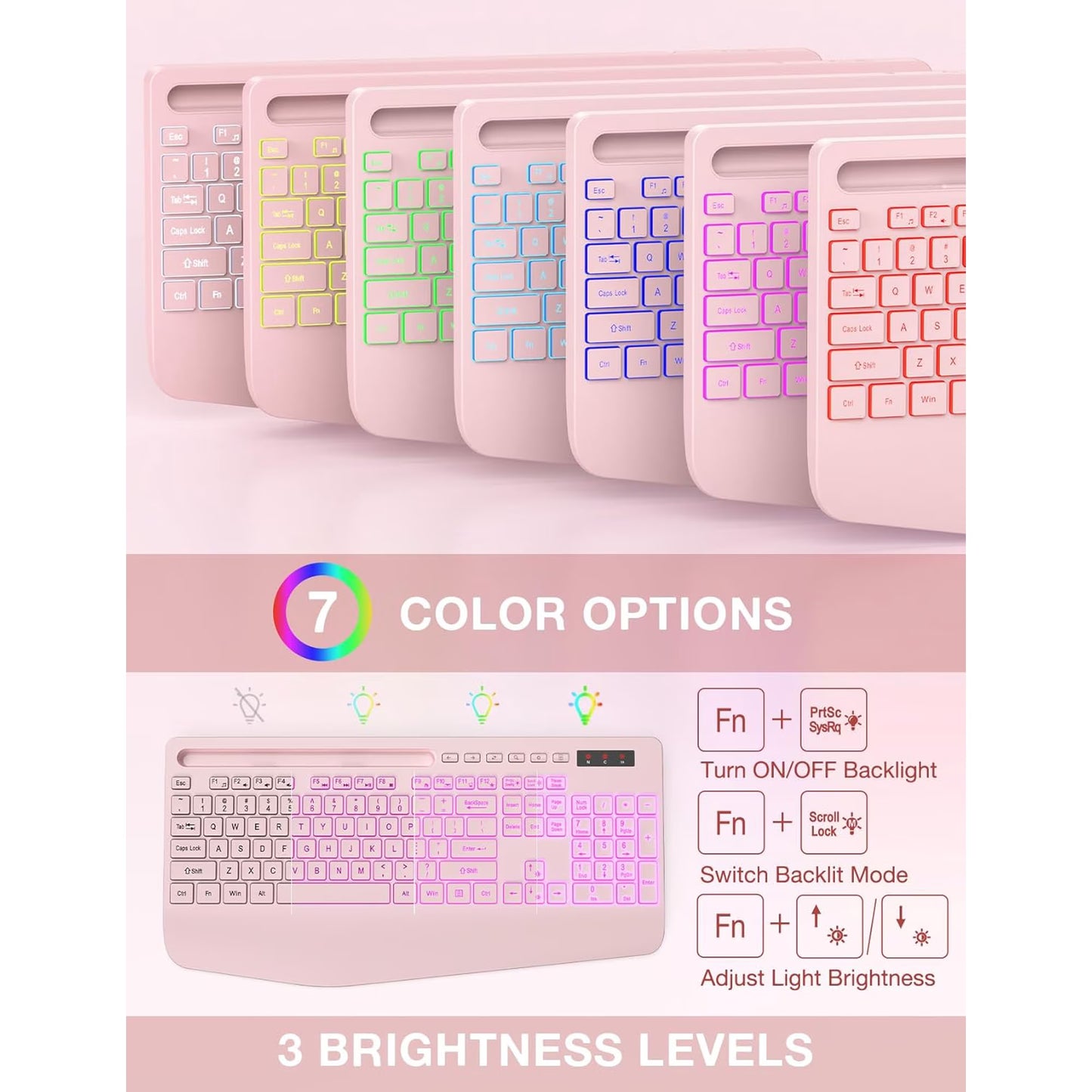 Wireless Keyboard and Mouse Combo with 9 Backlit, Wrist Rest & Phone Holder,Pink, New