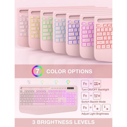 Wireless Keyboard and Mouse Combo with 9 Backlit, Wrist Rest & Phone Holder,Pink, New