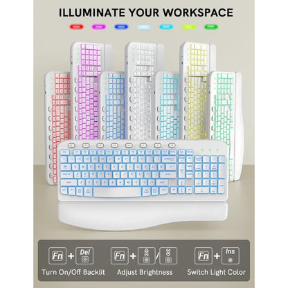 Wireless Keyboard and Mouse Combo - Ergonomic Wave Rechargeable Keyboard with Soft Leather Wrist Rest, RGB Backlit -White