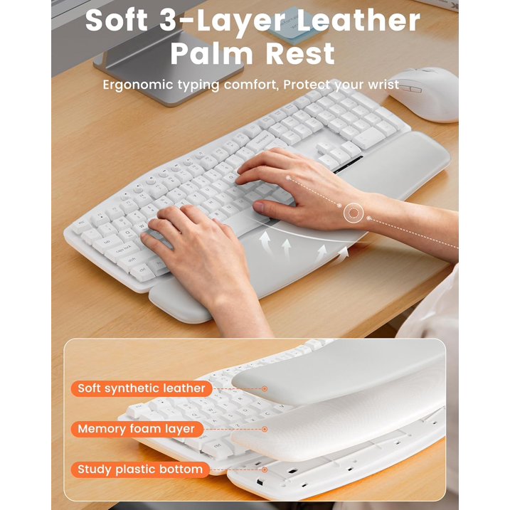 Wireless Keyboard Mouse Combo,Quiet Wave Keyboard with Leather Palm Rest, Ergonomic Mouse, Dual-System Switch, Plug & Play for Home Office,White