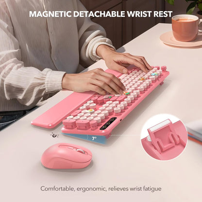 Wireless Keyboard and Mouse Combo, Retro Round Keycaps, Full Size with Detachable Wrist Rest, 2.4G for PC Mac Windows, Light Pink