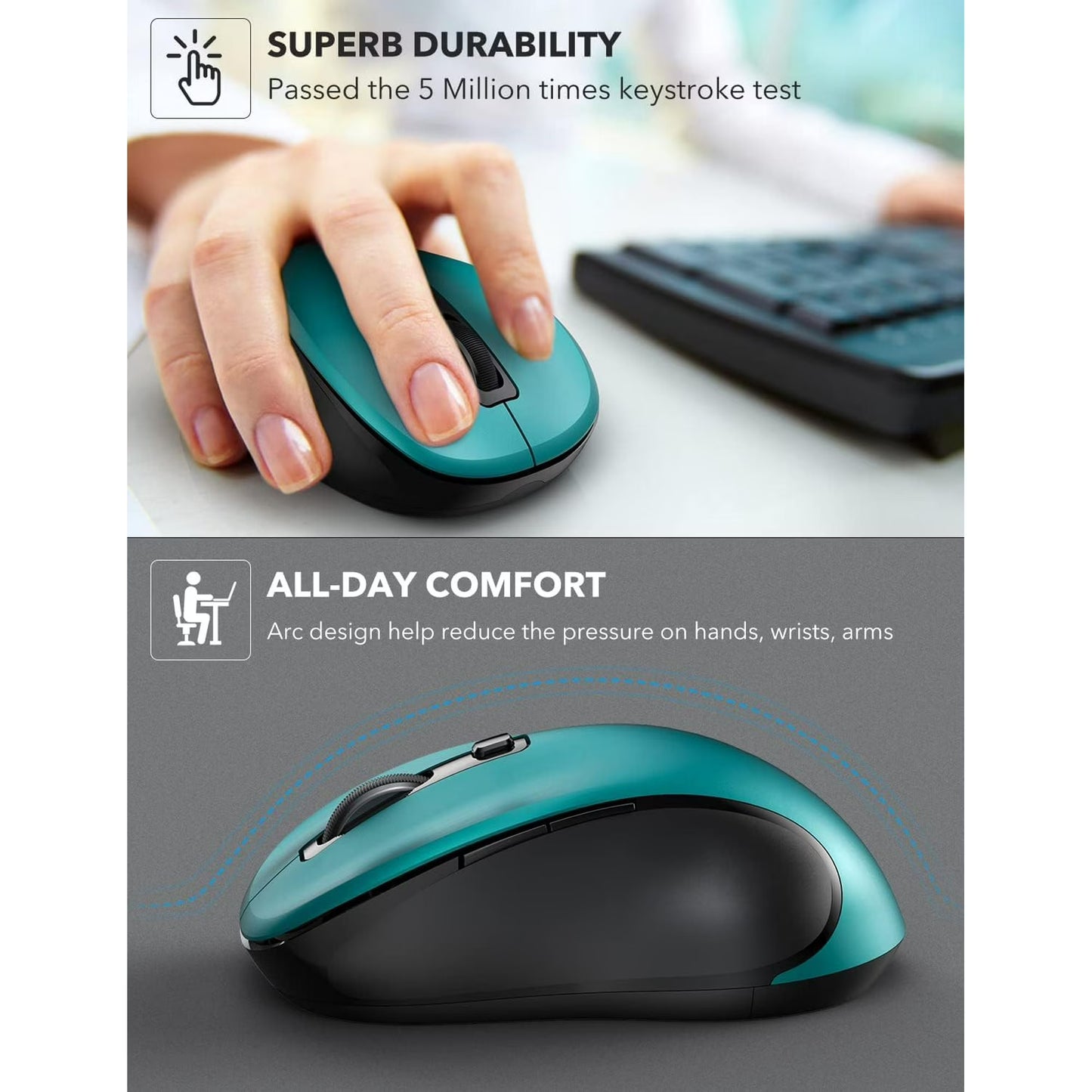 Wireless Mouse for Laptop, Ergonomic Silent Computer Mouse with USB & USB-C, 3 DPI 6 Buttons,Teal