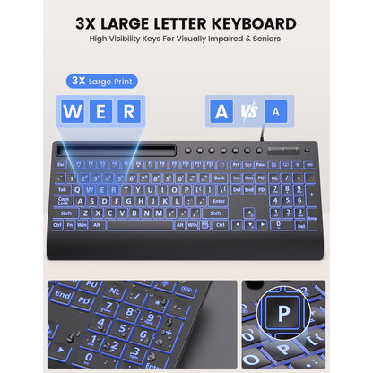 Large Print Wired Backlit Keyboard with Wrist Rest, Phone Holder, Backlight Memory, Quiet Keys, Ergonomic Keyboard for PC Laptop