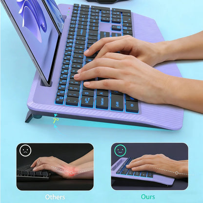 Wireless Keyboard and Mouse Backlit, Rechargeable Ergonomic Keyboard with Wrist Rest, LED Mouse, Phone Holder, Silent for Computer, Mac, PC, Laptop, Chromebook-Purple