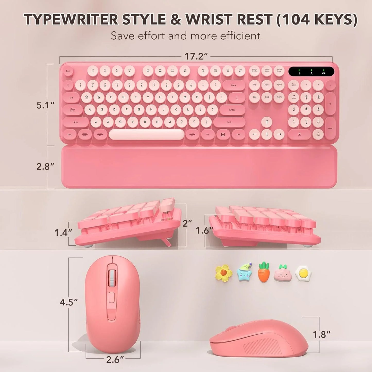 Wireless Keyboard & Mouse Set– Retro Round Keycaps, Detachable Wrist Rest, 2.4GHz Cordless Connection for Mac/Windows/PC