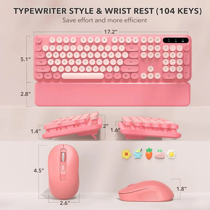 Wireless Keyboard & Mouse Set– Retro Round Keycaps, Detachable Wrist Rest, 2.4GHz Cordless Connection for Mac/Windows/PC
