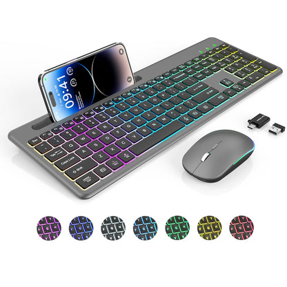 Wireless Keyboard and Mouse, 15 Backlit Effects, Slim Rechargeable Keyboard