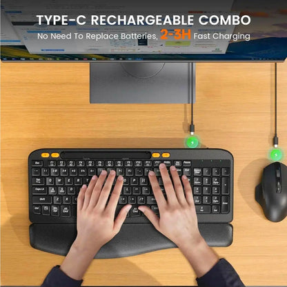 Ergonomic Wireless Keyboard & Mouse Combo - Rechargeable Type-C, Cushioned Wrist Rest, 7.28” Phone Holder, Silent Mouse, 2.4G Lag-Free for Windows/Mac