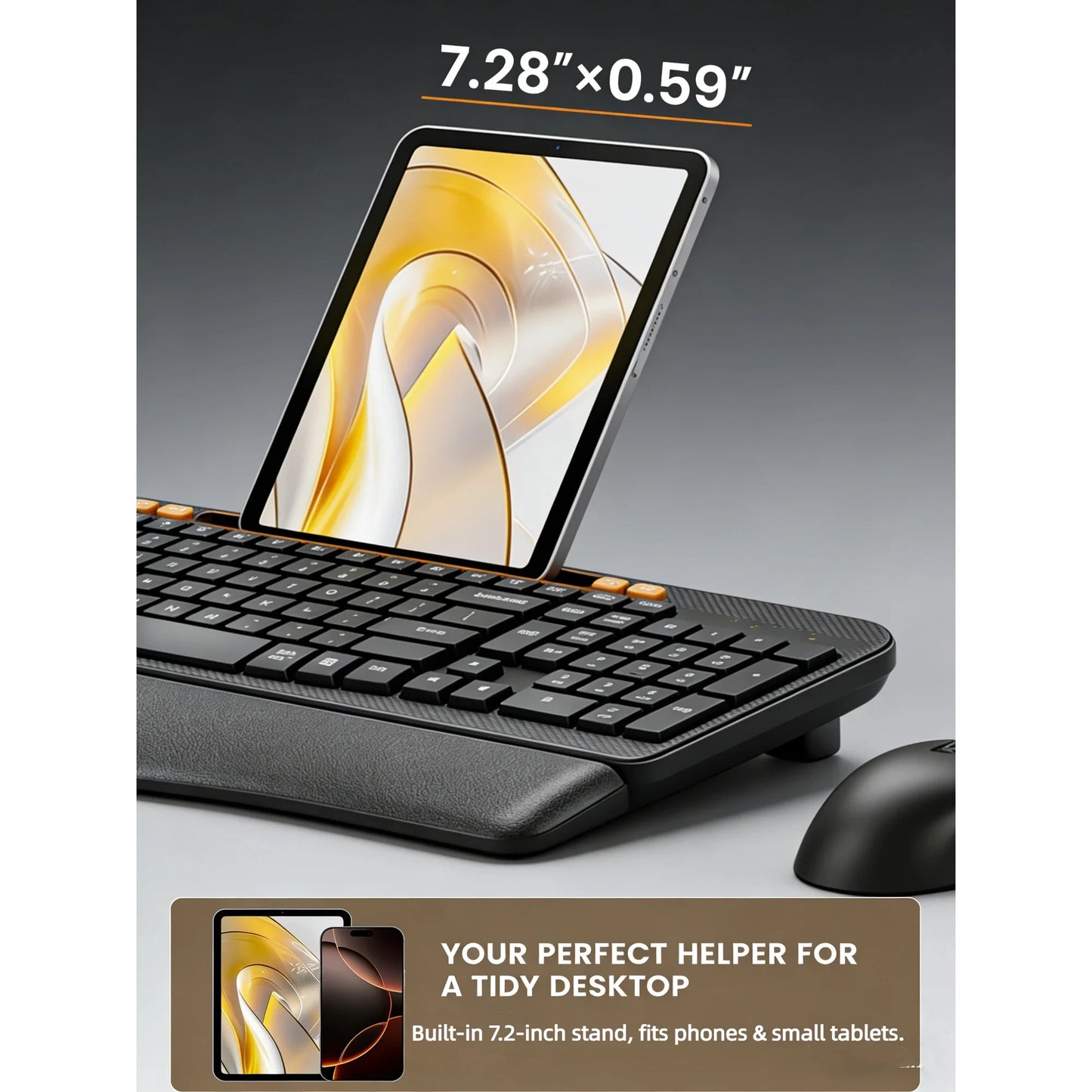 Ergonomic Wireless Keyboard & Mouse Combo - Rechargeable Type-C, Cushioned Wrist Rest, 7.28” Phone Holder, Silent Mouse, 2.4G Lag-Free for Windows/Mac