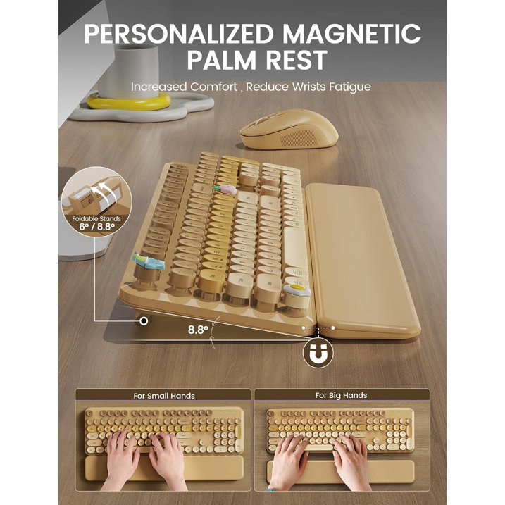 Wireless Keyboard and Mouse Combo, Retro Round Keycaps, Full Size with Detachable Wrist Rest, 2.4G for PC,Ombre Latte Beige