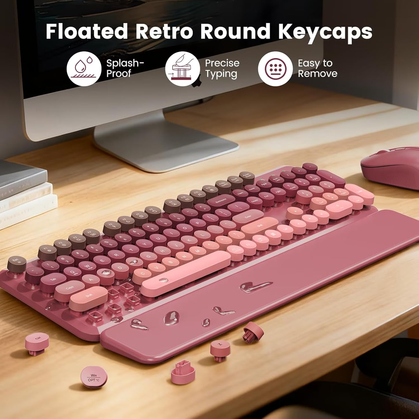 Wireless Keyboard and Mouse Combo Latte, Retro Round Keycaps, Full Size with Detachable Wrist Rest, 2.4G for PC Mac Windows