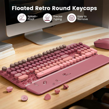 Wireless Keyboard and Mouse Combo Latte, Retro Round Keycaps, Full Size with Detachable Wrist Rest, 2.4G for PC Mac Windows