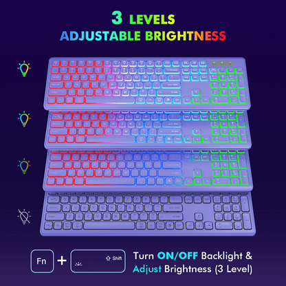 Wagpak Wireless Keyboard and Mouse Combo RGB Backlit Rechargeable 2.4GHz Quiet 108 keys Keyboard-Purple