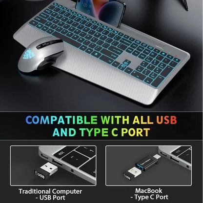 Wireless Keyboard and Mouse Backlit, Rechargeable Ergonomic Keyboard with Wrist Rest, LED Mouse, Phone Holder, Silent for Computer, Mac, PC, Laptop, Chromebook-Silver Black