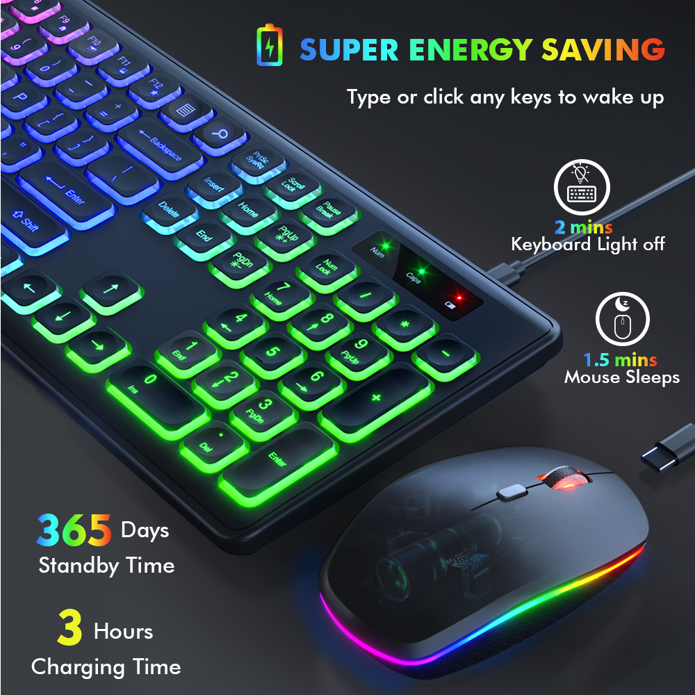 Wireless Keyboard and Mouse Combo - RGB Backlit-Rechargeable & Light Up Letters-Ergonomic Tilt Angle-Full-Size-Sleep