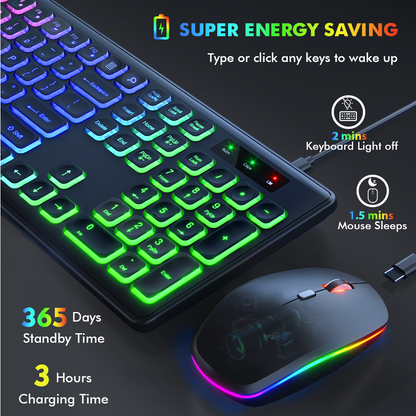 Wireless Keyboard and Mouse Combo - RGB Backlit-Rechargeable & Light Up Letters-Ergonomic Tilt Angle-Full-Size-Sleep