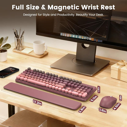 Wireless Keyboard and Mouse Combo Latte, Retro Round Keycaps, Full Size with Detachable Wrist Rest, 2.4G for PC Mac Windows