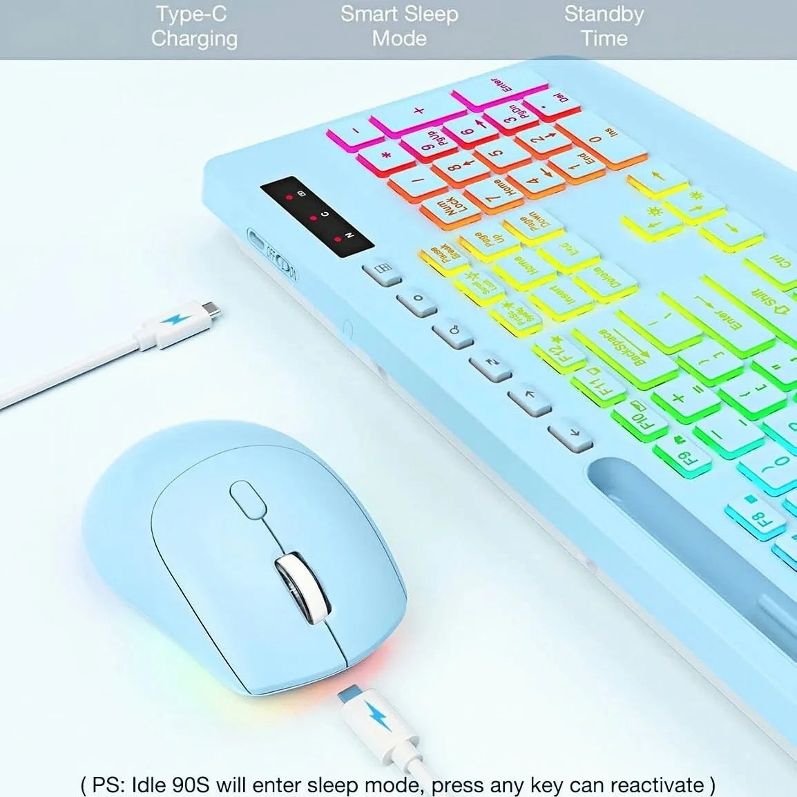 Wireless Keyboard and Mouse Combo with 9 Backlit, Wrist Rest & Phone Holder, Sky Blue