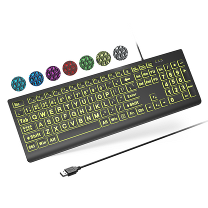 Large Print Backlit Keyboard - Wired USB Lighted Computer Keyboard