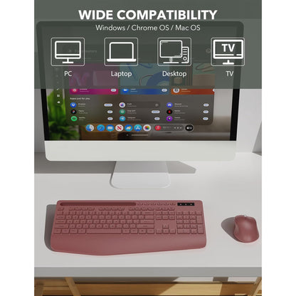 Wireless Keyboard and Mouse Combo, Full-Size Ergonomic Set with Wrist Rest & Phone Holder, 2.4G Wireless Plug & Play for PC, Laptop, Home & Office Use Claret