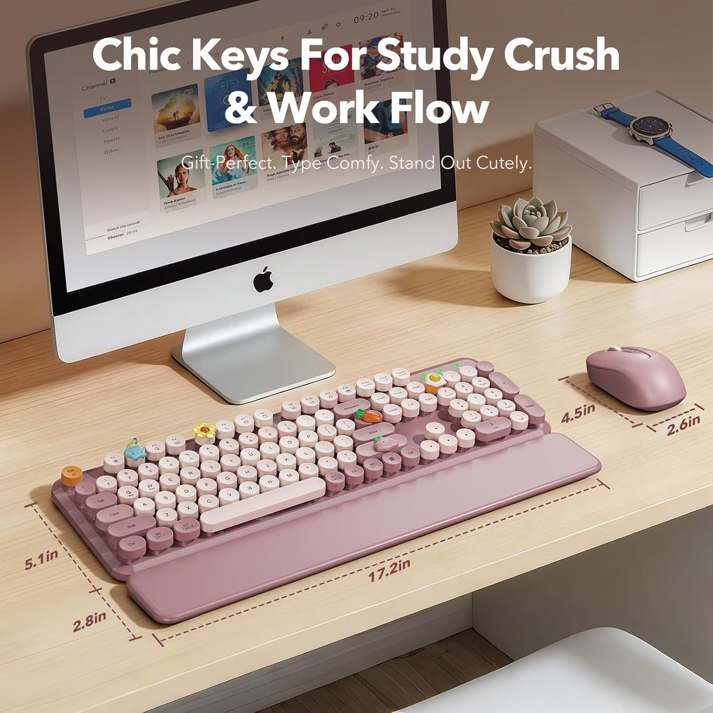 Wireless Keyboard and Mouse Combo Latte, Retro Round Keycaps, Full Size with Detachable Wrist Rest, 2.4G for PC Mac Windows