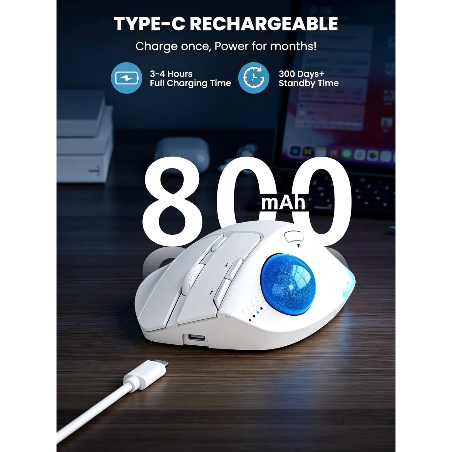 Ergonomic Wireless Trackball Mouse, Adjustable Angle, Thumb Control, Quiet Click, Rechargeable, Multi-Device Bluetooth & USB, for Windows Mac-White Ball