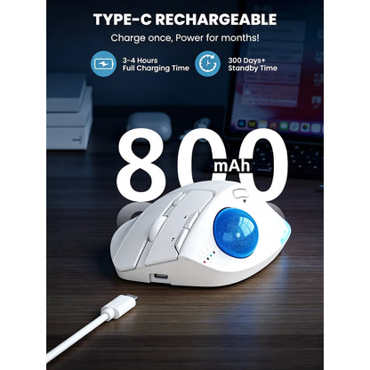 Ergonomic Wireless Trackball Mouse, Adjustable Angle, Thumb Control, Quiet Click, Rechargeable, Multi-Device Bluetooth & USB, for Windows Mac-White Ball