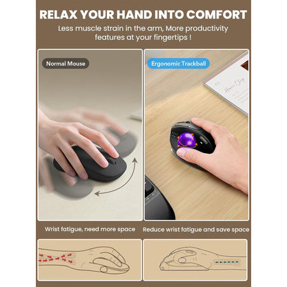 Ergonomic Wireless Trackball Mouse, Adjustable Angle, Thumb Control, Quiet Click, Rechargeable, Multi-Device Bluetooth & USB, for Windows Mac-Purple Ball