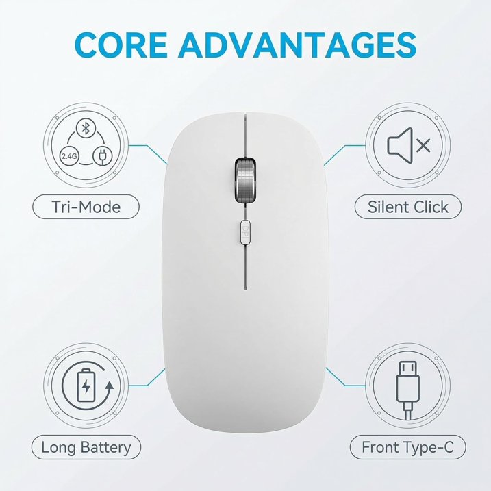Bluetooth Wireless Mouse for MacBook, iPad, Laptop, Tri-Mode Rechargeable Silent Slim Computer Mouse for 3 Devices with USB & USB-C，White