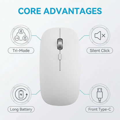 Bluetooth Wireless Mouse for MacBook, iPad, Laptop, Tri-Mode Rechargeable Silent Slim Computer Mouse for 3 Devices with USB & USB-C，White