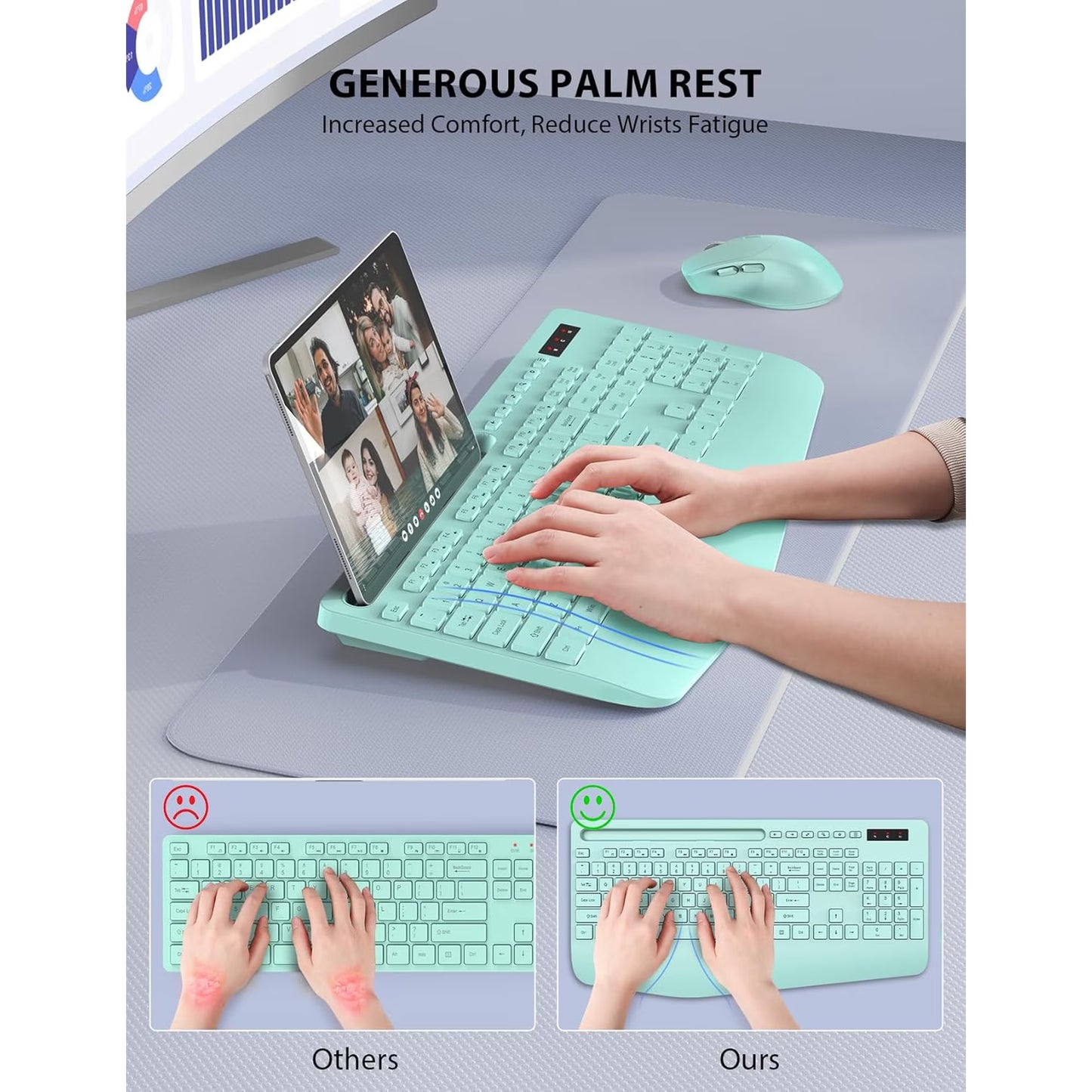 Wagpak Wireless Keyboard and Mouse Combo Wrist Rest Ergonomic Phone Holder Full-Sized Silent 2.4GHz Cordless Keyboard Mouse Set for Computer,Laptop, PC, Mac, Windows Green