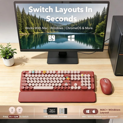 Wireless Keyboard and Mouse Combo, Retro Round Keycaps, Full Size with Detachable Wrist Rest, 2.4G for PC Mac Windows, Claret